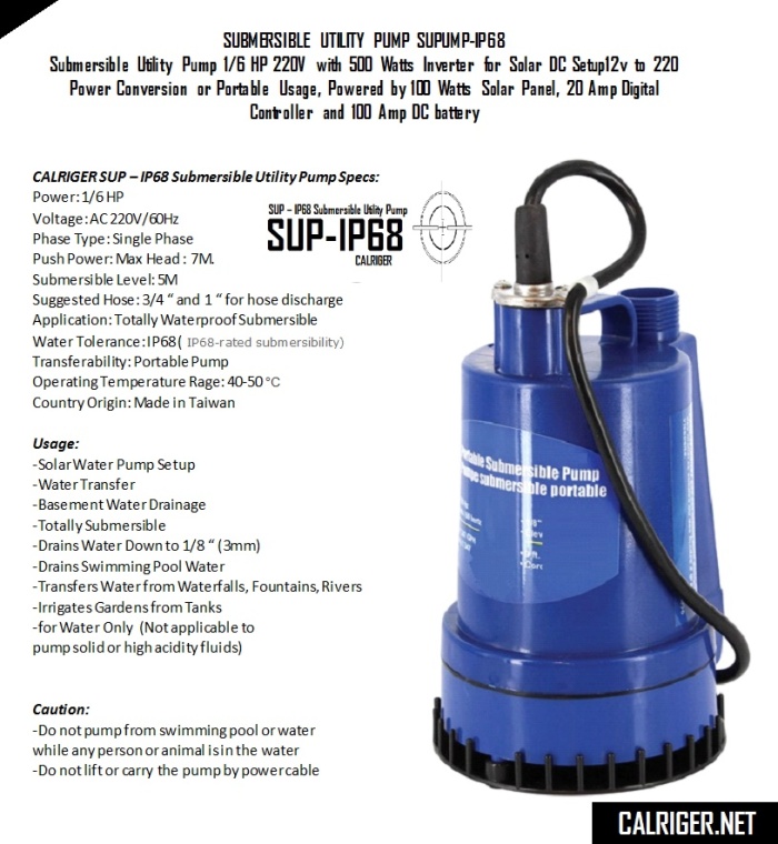CALRIGER SUPIP68 Submersible Utility Pump Pic Specs